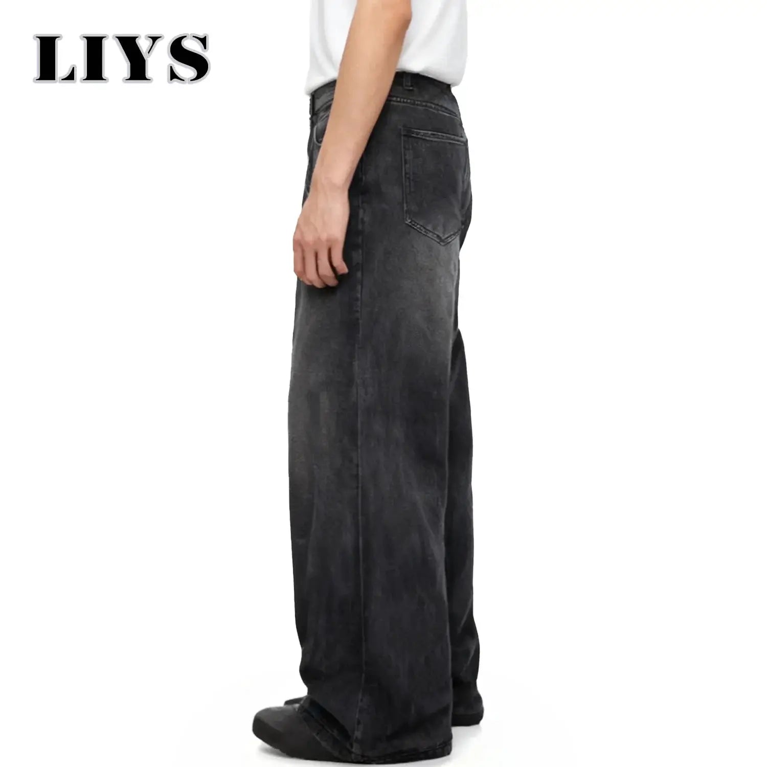 Men's baggy wide-leg denim jeans in charcoal gray with LIYS logo