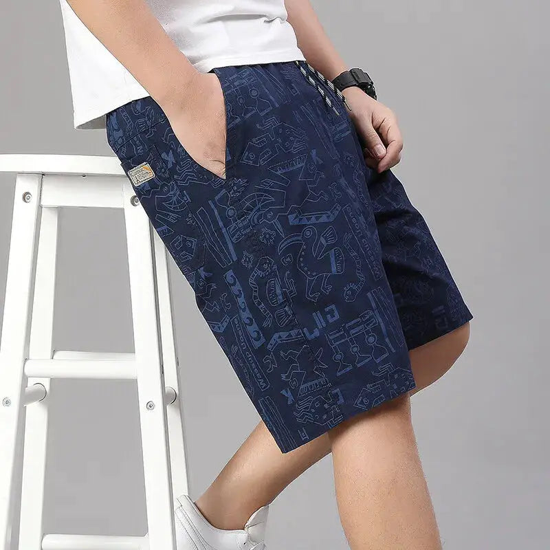 Men's navy printed cotton shorts with elastic waist by Simples Market