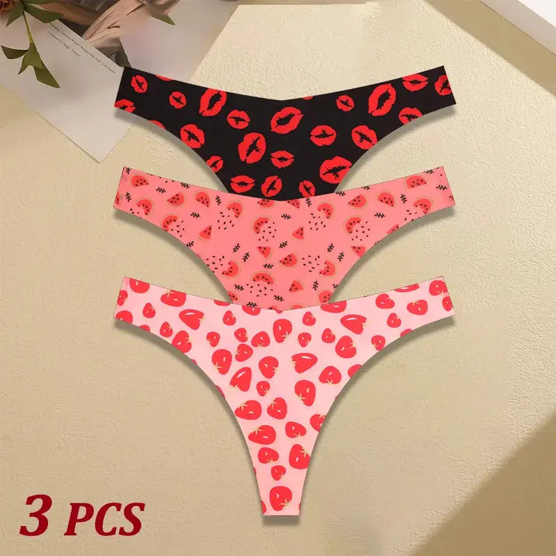 3-pack women's ultra-thin seamless thong underwear with graphic prints in black, pink and light pink