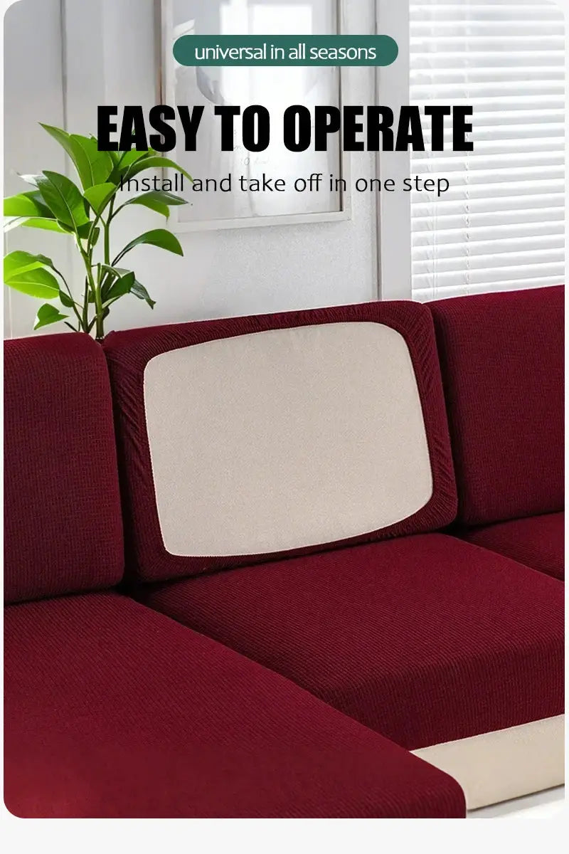Simples Market sofa cushion cover kit; red jacquard slipcover with beige back cushion on a sectional