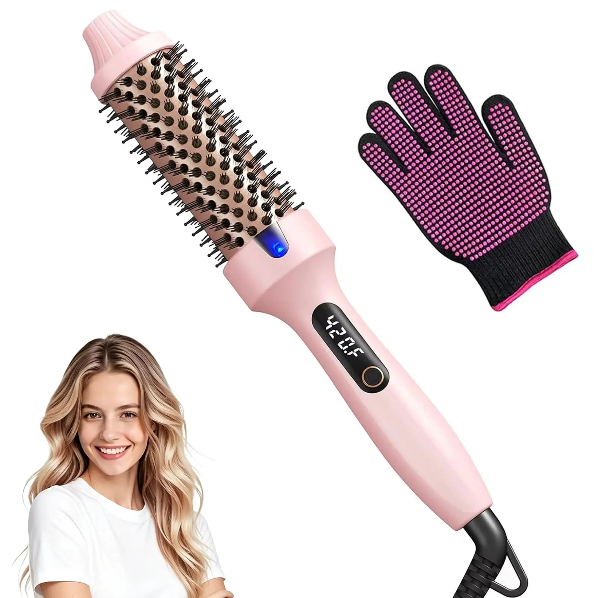 Simples Market Thermal Blowout 1.5 inch heated round brush with dual voltage and digital display; pink handle and pink glove