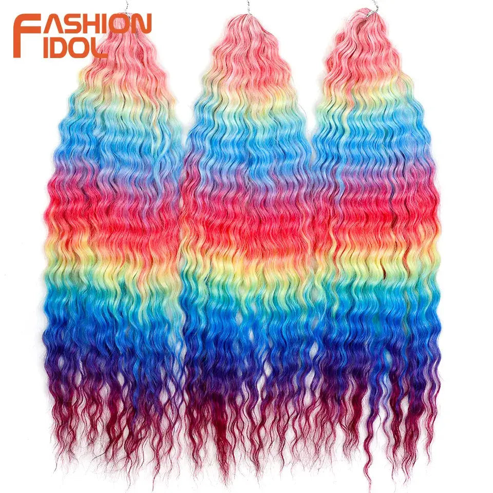 Ariel Hair synthetic twist crochet curly braiding extensions, 24in water-wave rainbow ombre, 3 bundles, Fashion Idol