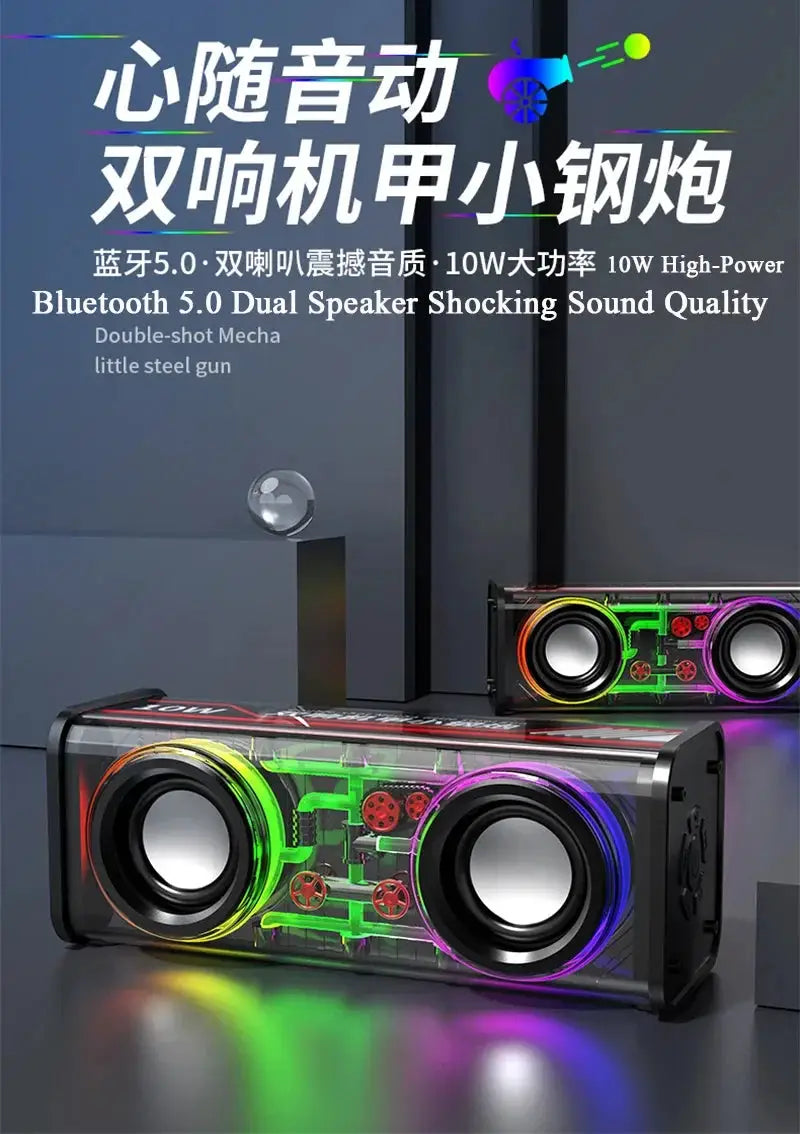 V8 Transparent Mecha Bluetooth Speakers, RGB lighting, dual bass diaphragms, 2-pack by Simples Market