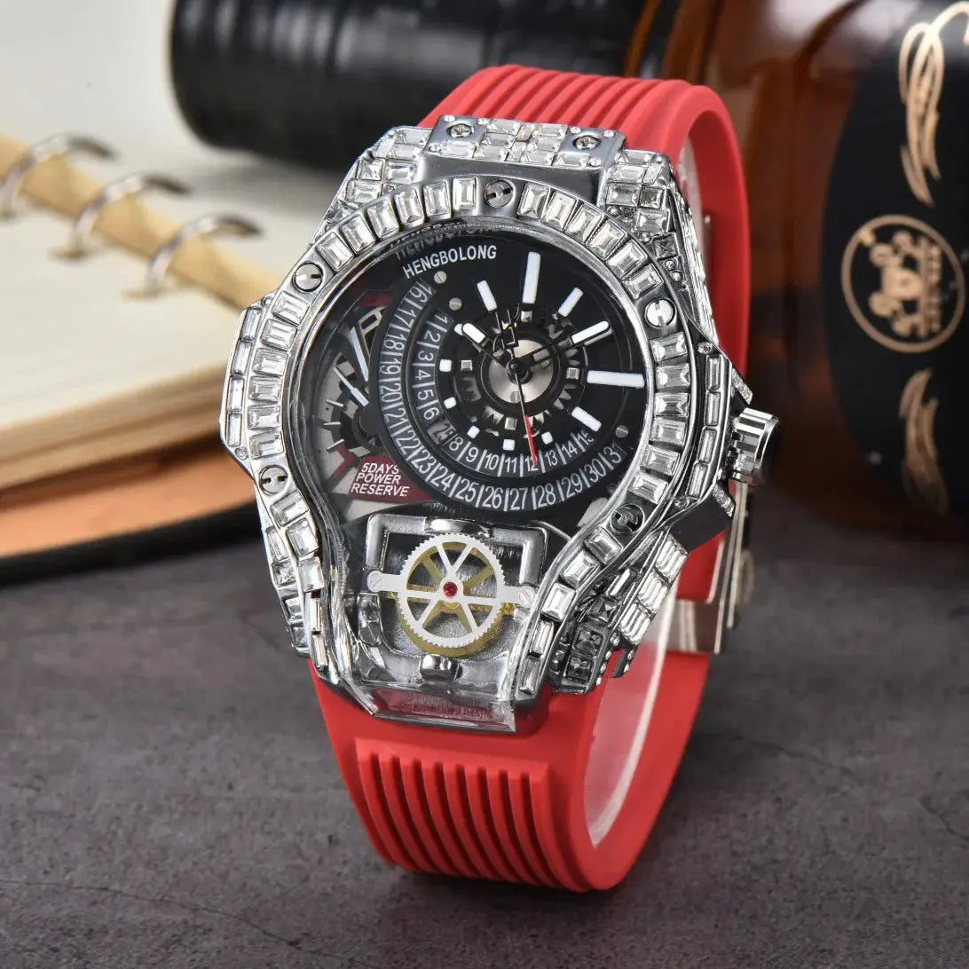 Men's luxury watch with diamond-studded bezel, red silicone strap, skeleton dial, HENGBOLONG