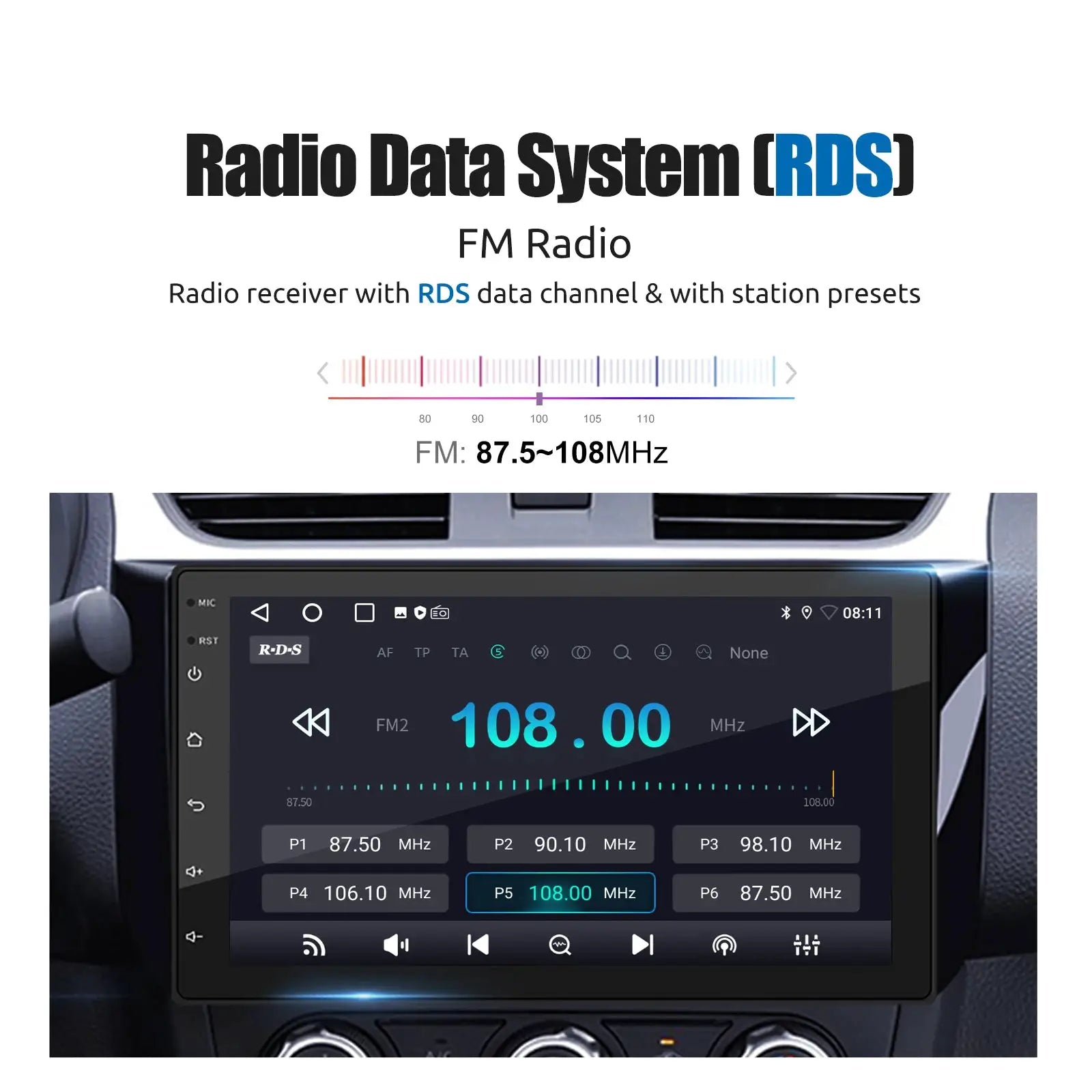 Car radio Android Auto CarPlay multimedia player, 7–10in touchscreen with FM RDS