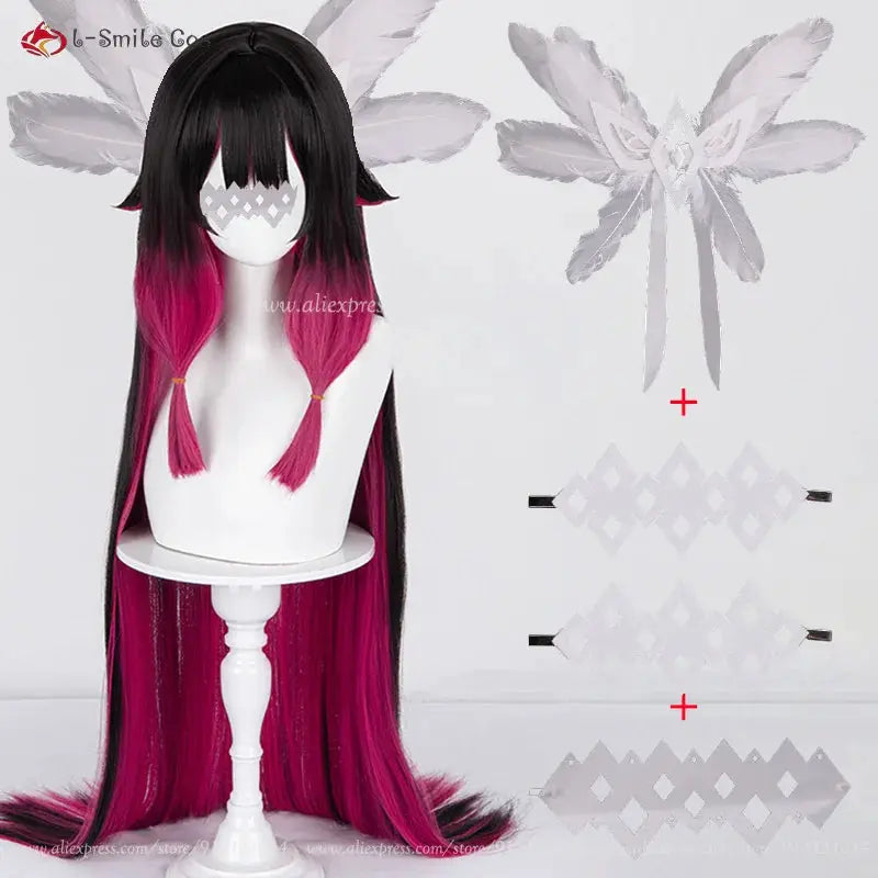 Columbina cosplay wig with black to magenta ombre, twin pink braids, long hair; includes wig cap by Simples Market