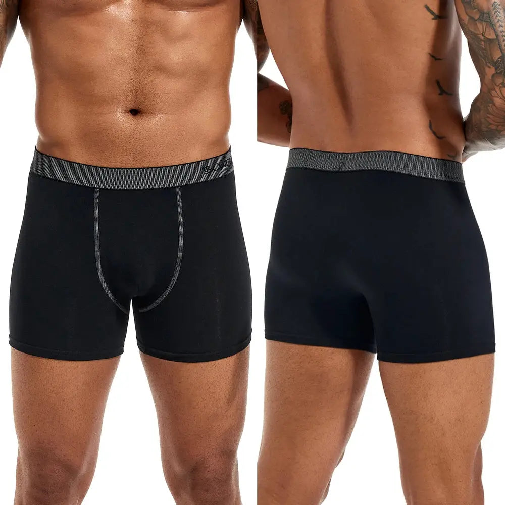 Men's black cotton boxer briefs with gray elastic waistband, shown from front and back.