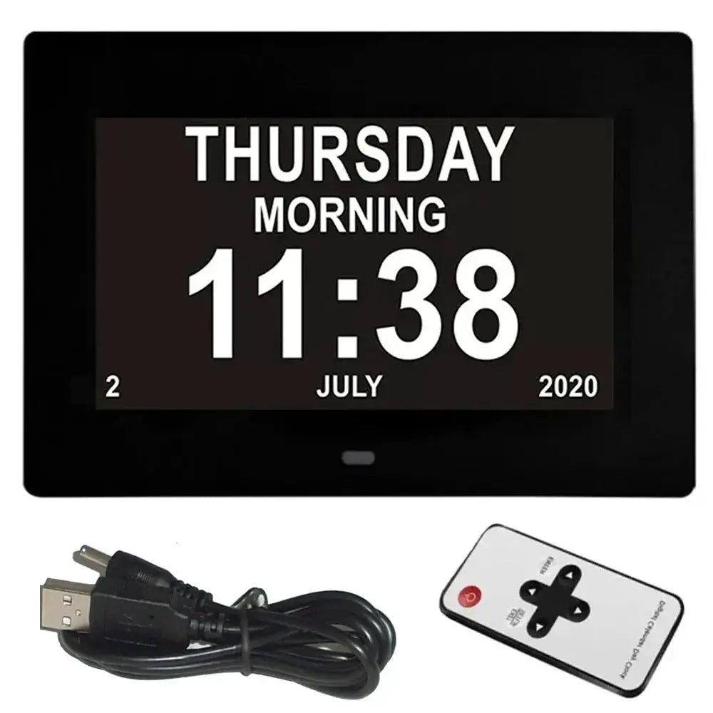 12 Alarms LED Calendar Clock by Simples Market, black display with included USB power cable and remote