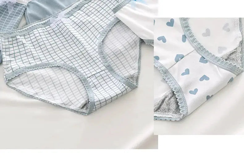 Women’s cotton panties set, 5pcs by Simples Market, plaid grid and heart prints with light blue trim.