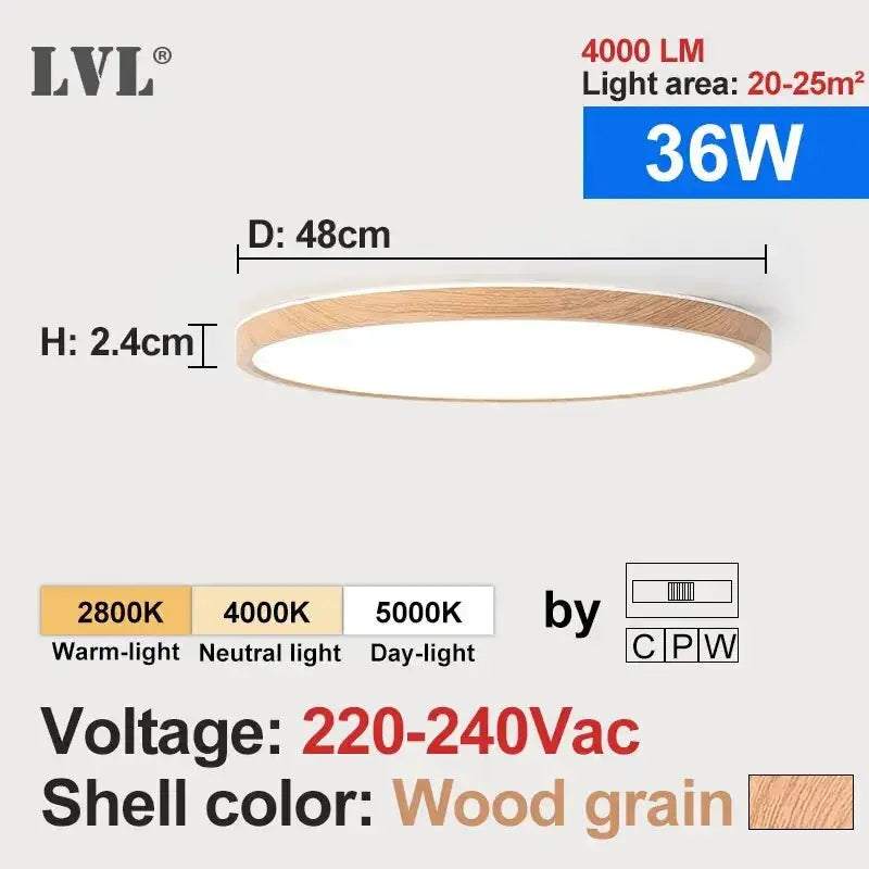 LVL ceiling light wood grain round flush mount by Simples Market, 36W, neutral 4000K, 48cm diameter, 2.4cm height