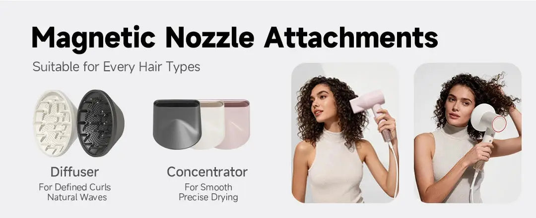 Five magnetic nozzle attachments for hair dryer: diffusers (cream/black) and concentrators (gray/pink).