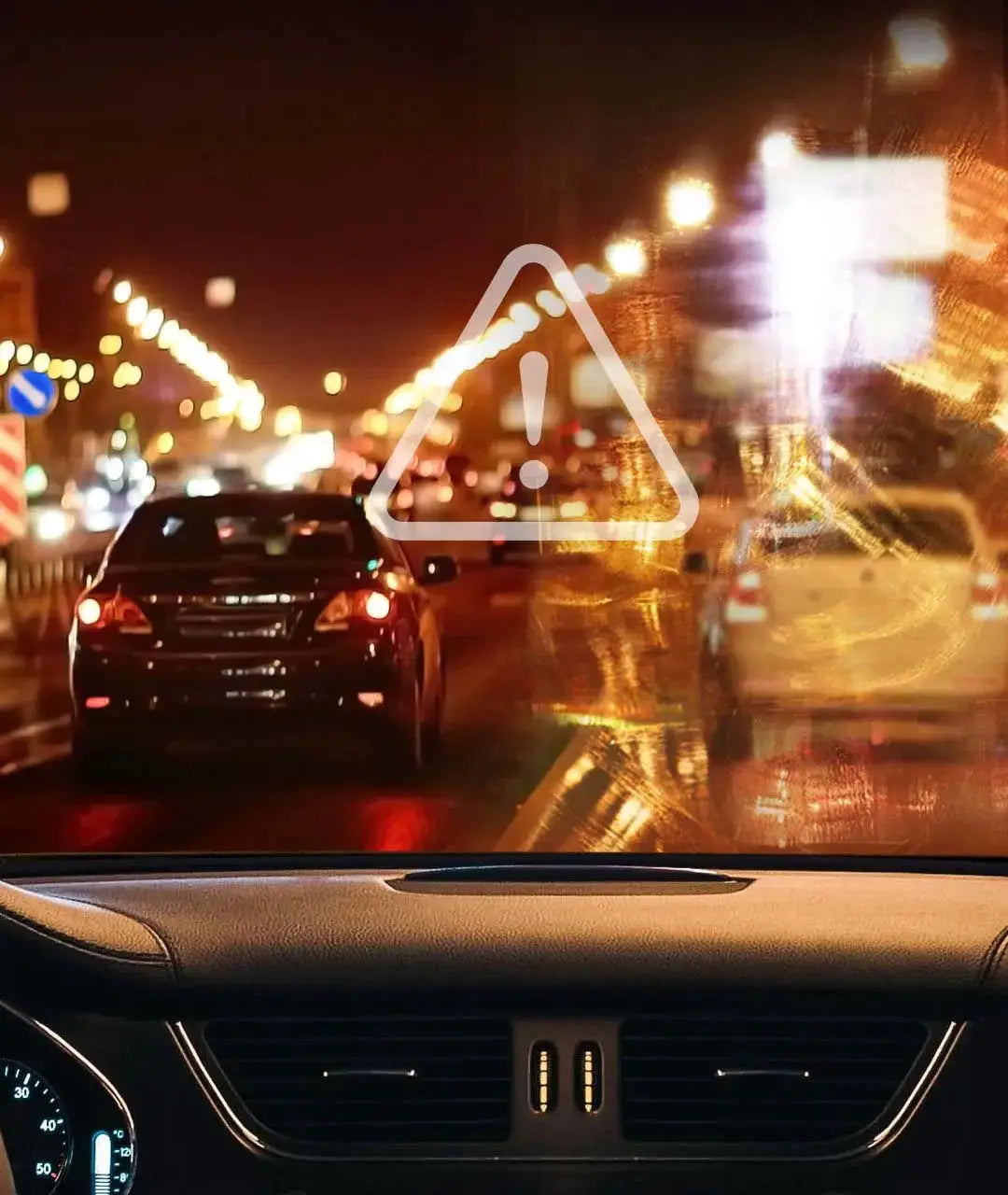 Glass film remover for car glass; white warning triangle overlay on windshield during night city drive