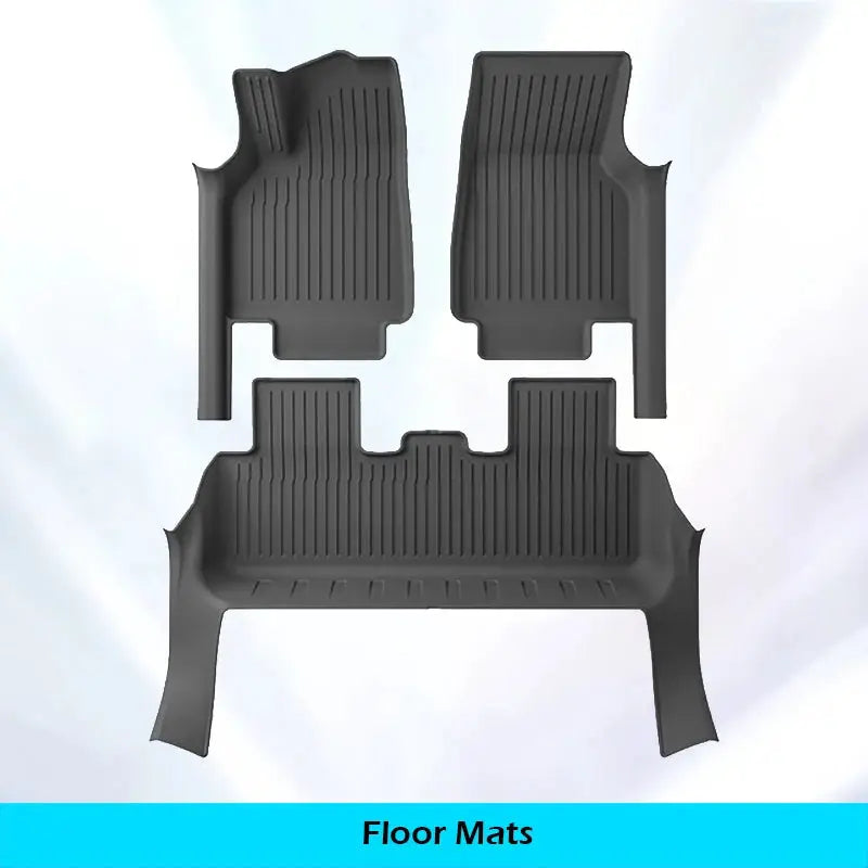Floor mats for Tesla Model Y by Simples Market, all-weather rubber set with front mats and rear cargo liner, black.