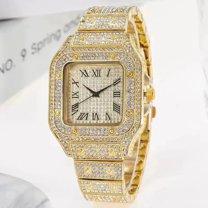 Luxury diamond watch gold-tone bracelet style with rhinestones and Roman numeral dial