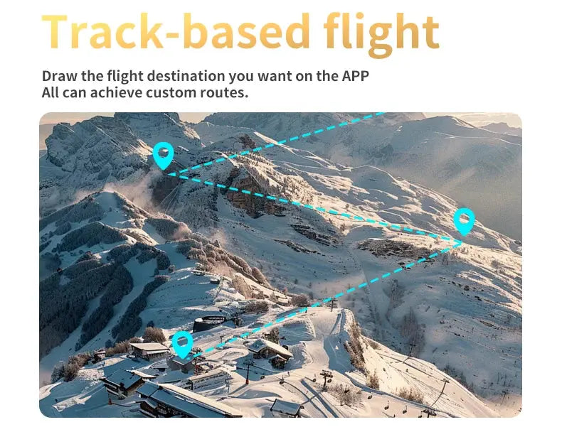 L106-1PRO GPS drone with track-based waypoint flight map over snowy mountains.