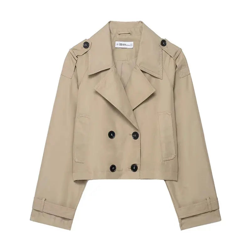 EleganceLane Double Breasted Short Trench Coat Vintage Style Turn Down Collar With Modern Comfort Womens Coat