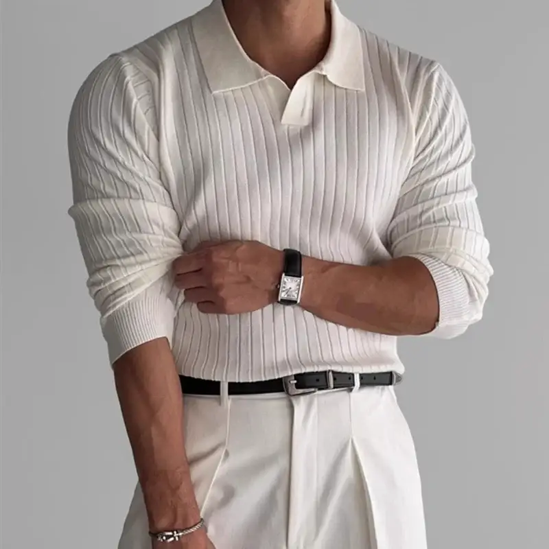 Men's white knitted polo shirt with vertical ribbing, long sleeves