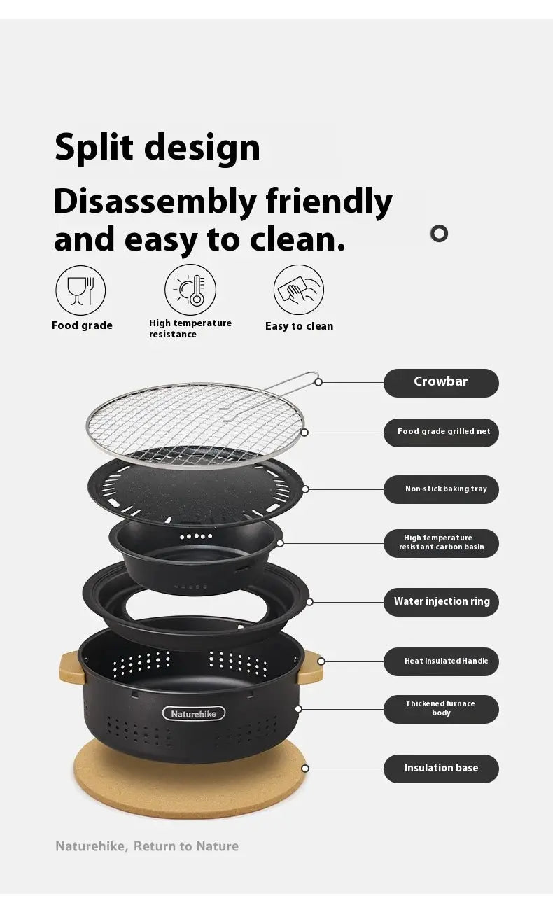 Naturehike outdoor tabletop barbecue stove with split design for easy disassembly and cleaning.
