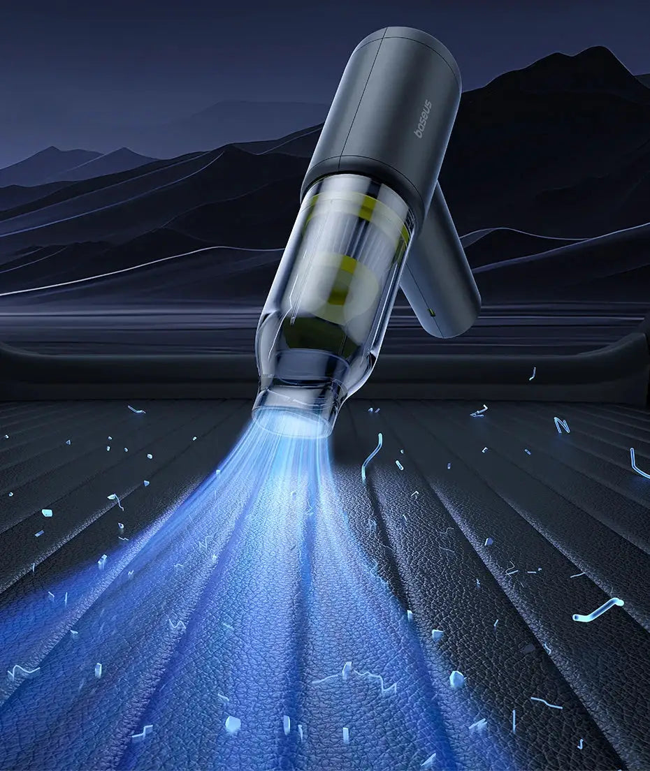Baseus cordless car vacuum cleaner with transparent dust canister and blue light beam; portable car cleaning gun