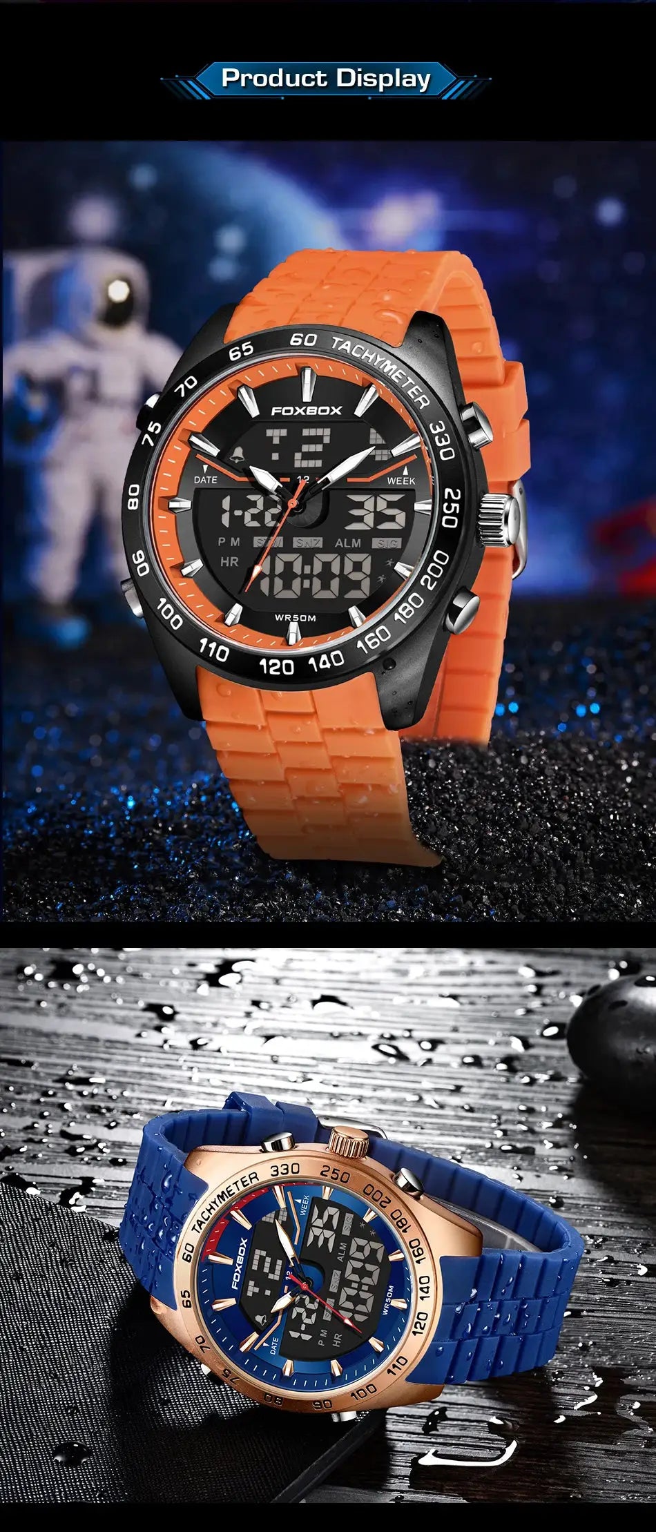 FOXBOX luxury digital men's watch with orange silicone strap and tachymeter bezel; blue variant also shown (two watches)
