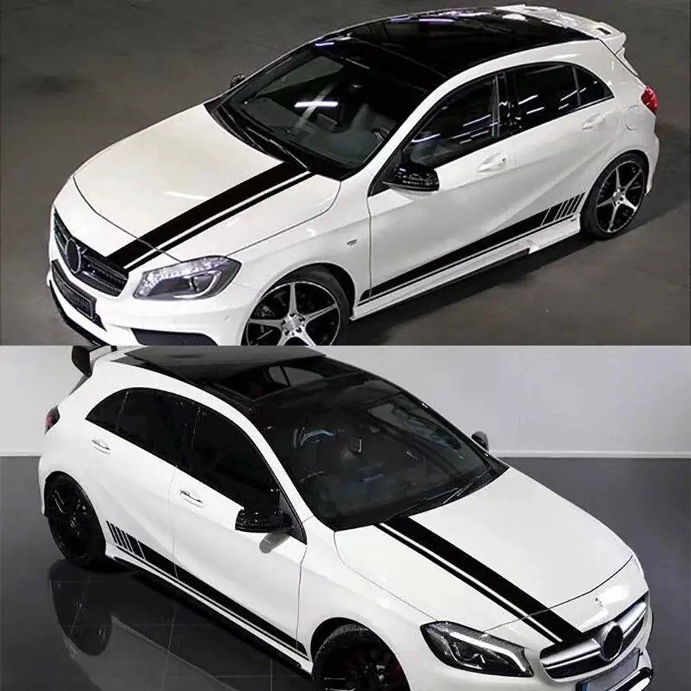 Car vinyl decal strips for bonnet and sides with bold black racing stripes on a white car