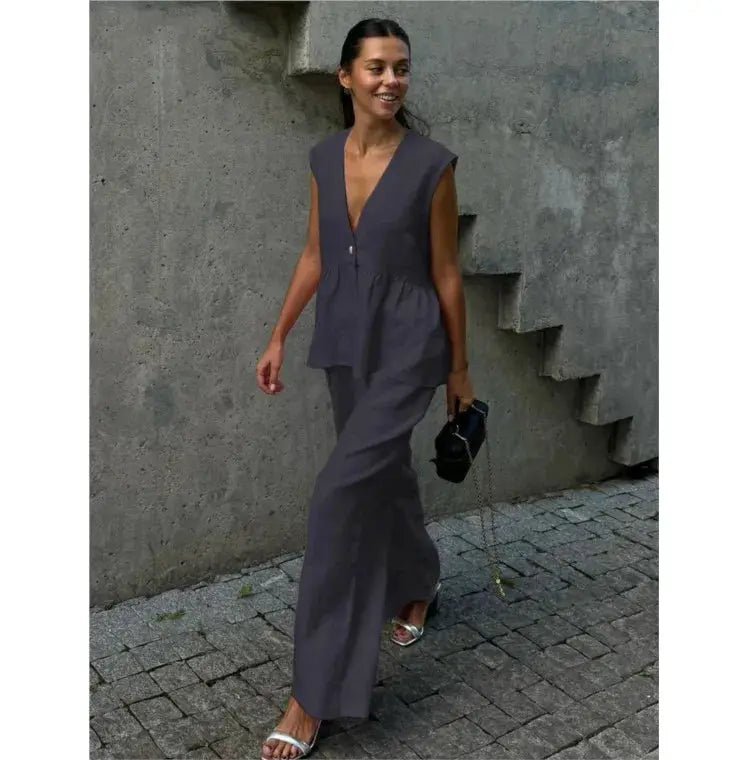 Women Sleeveless V Neck Top Two Piece Summer Set With Straight Pants