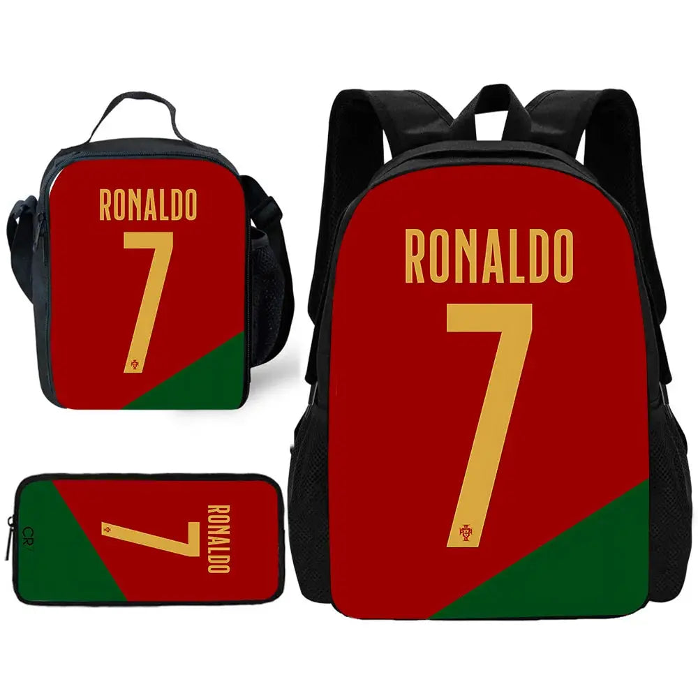 CR7 Ronaldo school backpack set (3-piece) with lunch bag and pencil case; red backpack with gold 7 on green accents