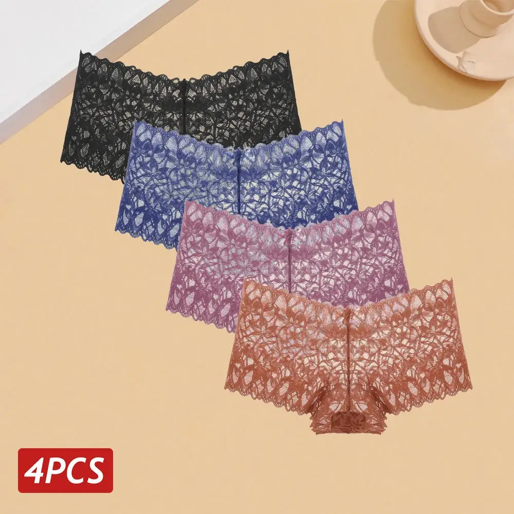 Women's floral lace panties by Simples Market, 4pcs, V-waist, breathable underpants in assorted colors