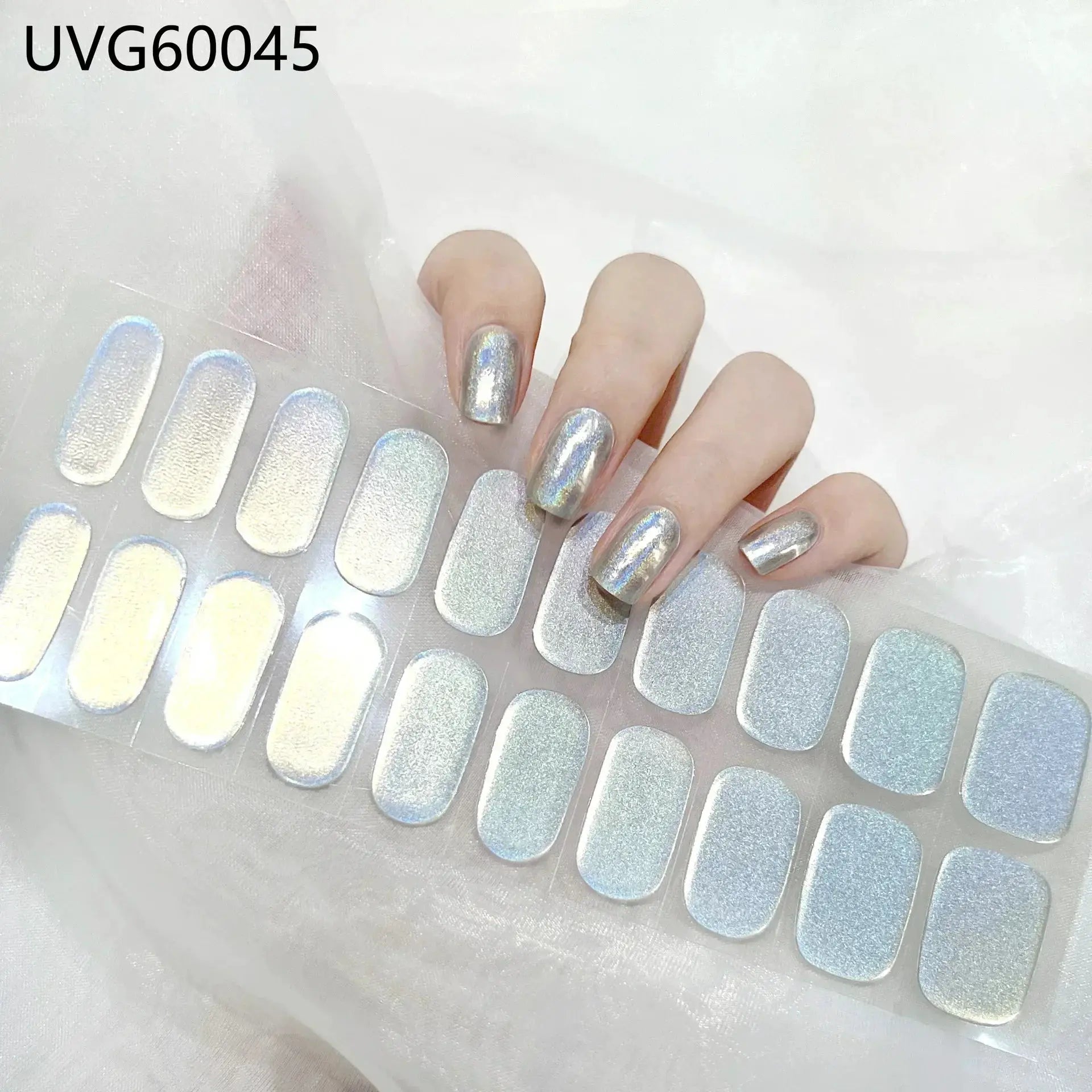 Gel nail wrap sheets with iridescent silver full-cover stickers for UV lamp manicure
