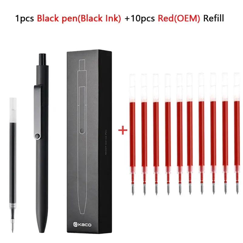 KACO 0.5mm MIDOT gel ink pen set with 1 black pen and 10 red refills in box
