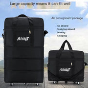 Two-piece black travel luggage set with wheels; expandable trolley suitcase and carry-on, SPORT logo on fronts