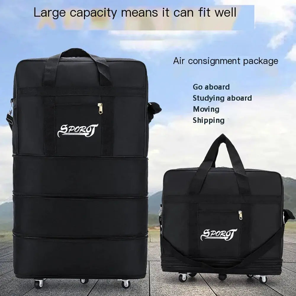 Two-piece black travel luggage set with wheels; expandable trolley suitcase and carry-on, SPORT logo on fronts