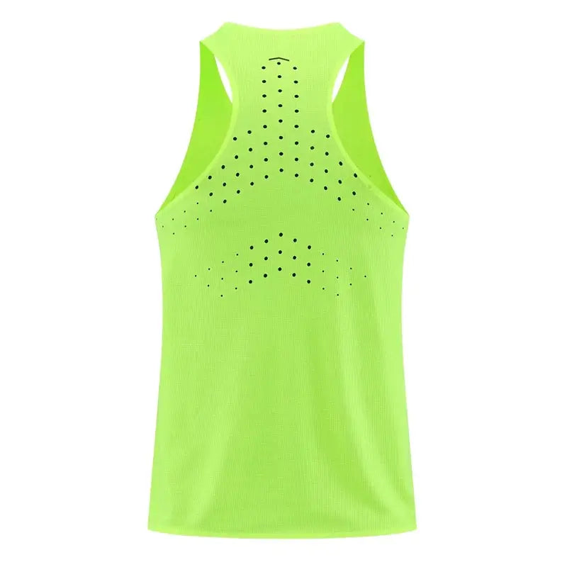 Athletic tank top in neon green with sleeveless design and perforated back mesh pattern