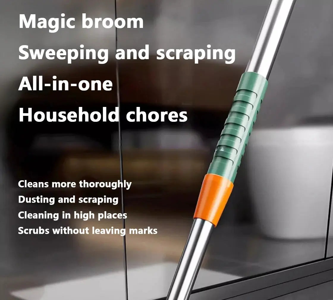 Simples Market telescopic cleaning brush with green grip and orange connector; silicone floor wiper and window squeegee
