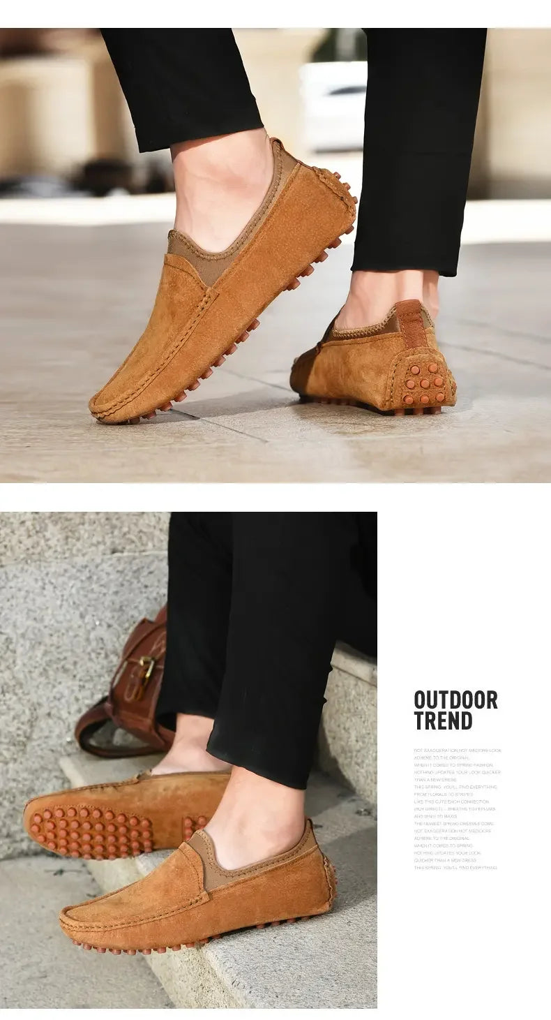 Men's tan suede driving shoes with moccasin stitching and studded outsole