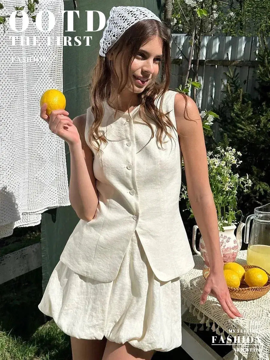 Bornladies Cotton Chic Vest Mini Skirt Set Women Tank Top Summer
