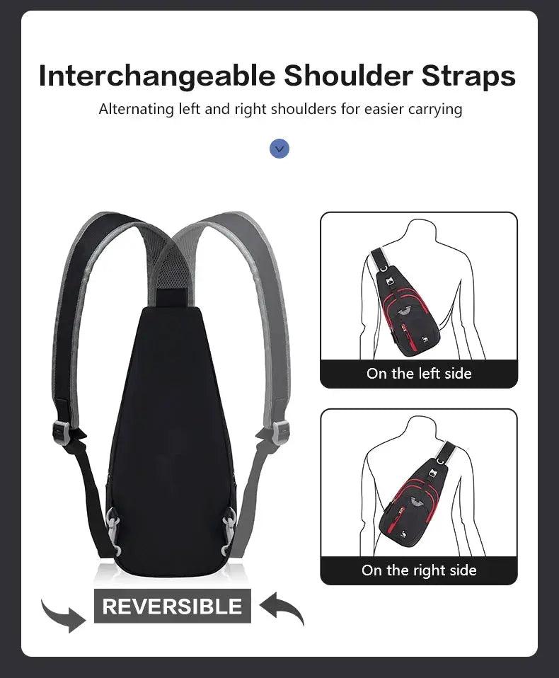 OIWAS casual crossbody chest bag with reversible grey shoulder straps, black men's sling pack by Simples Market