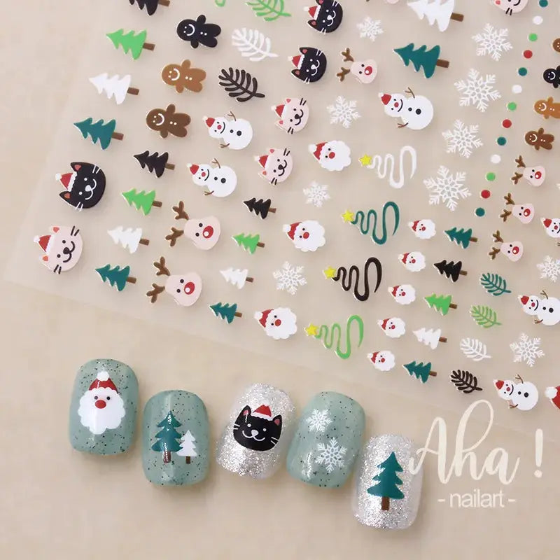 Winter Christmas nail stickers set by Simples Market; self-adhesive snowmen, trees and snowflakes.