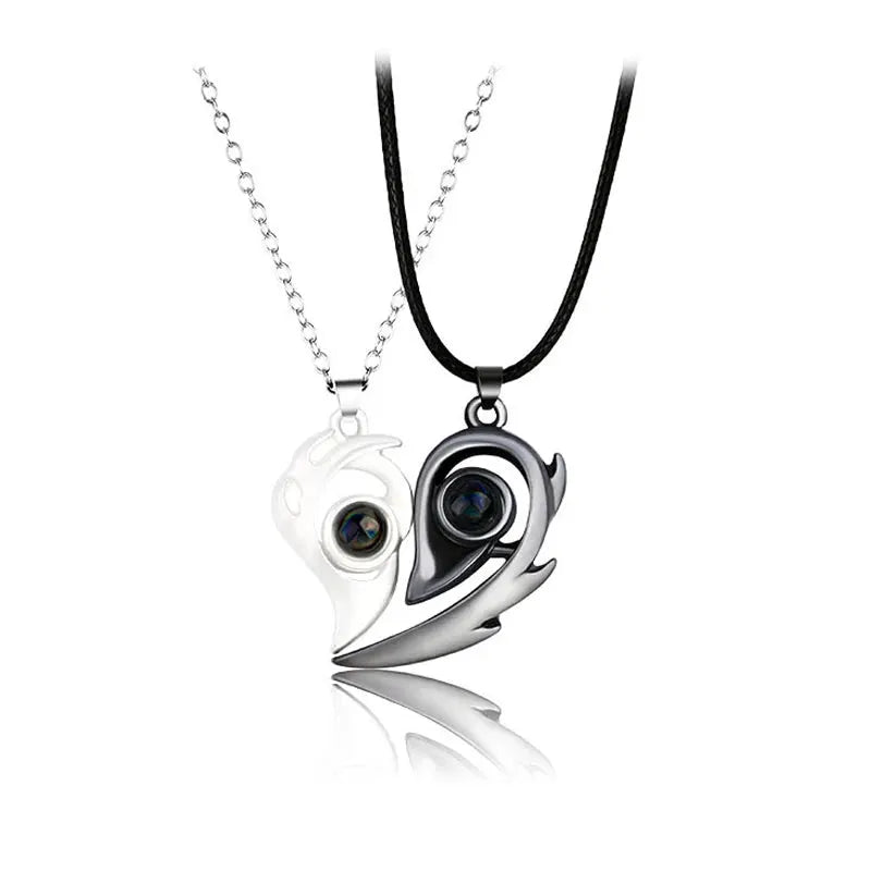 Couple Magnetic Heart Pendant Necklace Electrocardiogram Design Interlocking Hearts Valentines Gift