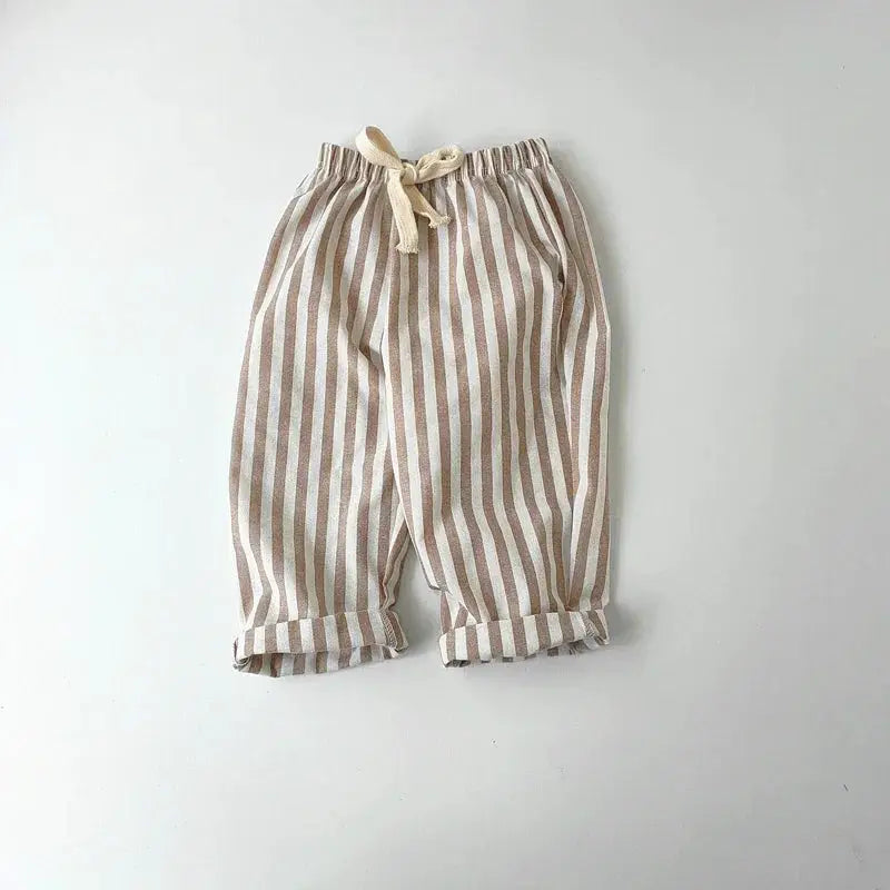 Spring Summer Kids Linen Cotton Striped Loose Pants Lace Up Vintage Casual Clothing For Boys And Girls