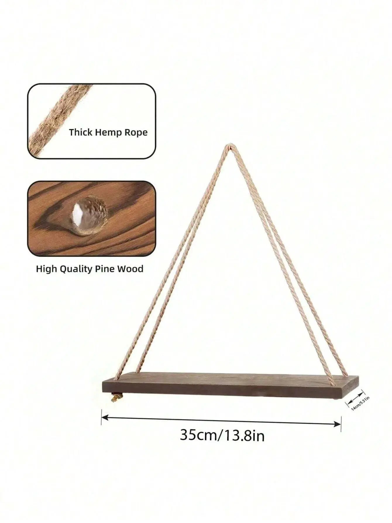 Wooden Hanging Shelf With Hemp Rope Wall Mounted Floating Shelf For Plants And Decor In Living Room