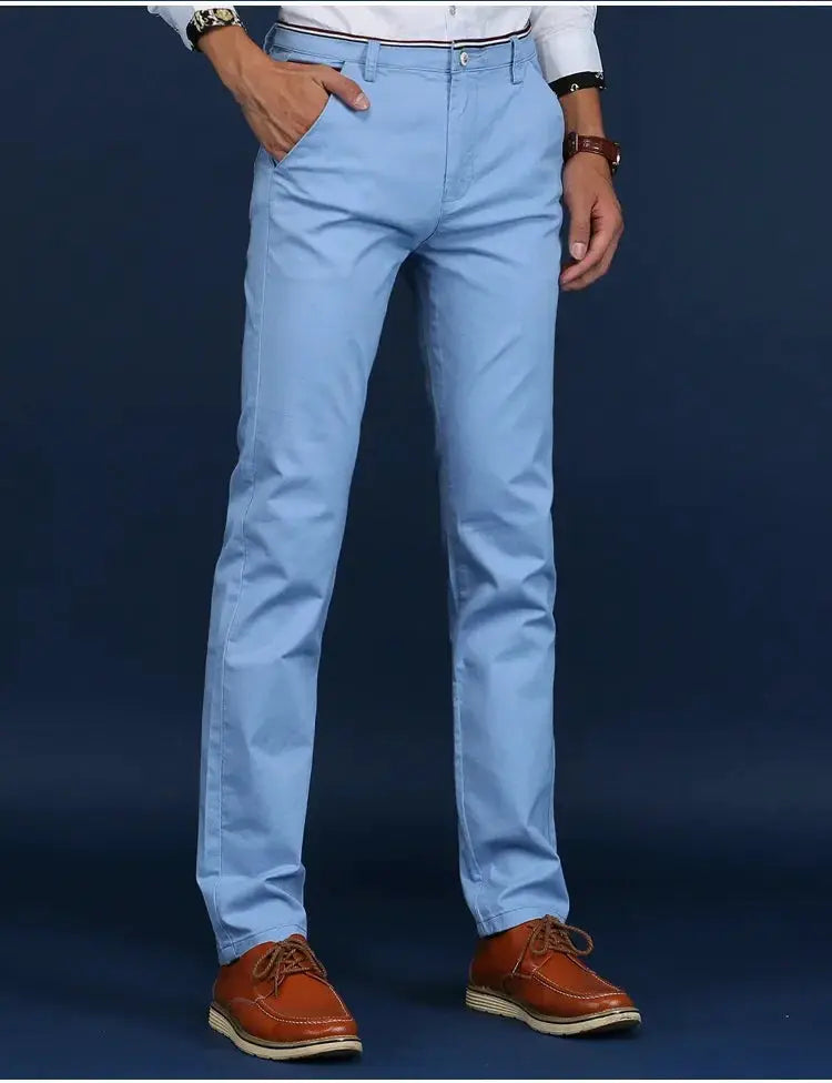 Men's light-blue cotton casual trousers by Simples Market; classic office pants