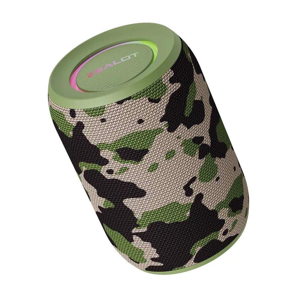 Zealot S32PRO Bluetooth speaker with camo fabric wrap and green top.