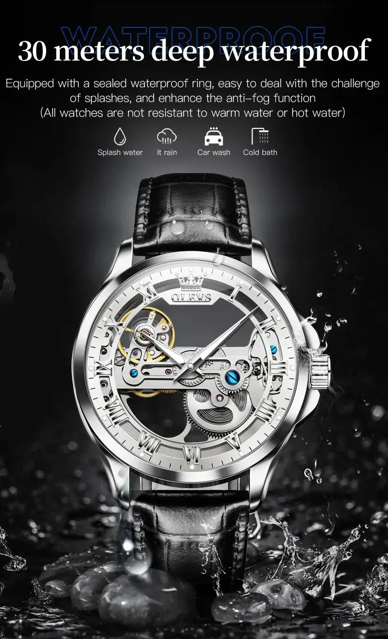 OLEVS 6661 skeleton automatic men's watch, black leather strap, silver case, 30m waterproof