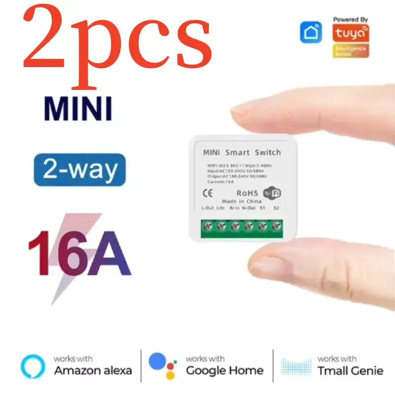 Mini 16A white WiFi smart switch module, 2-pack, 2-way control, Tuya-powered, for Alexa and Google Home