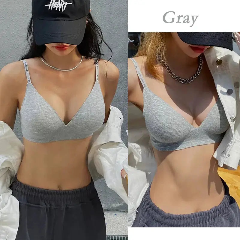 FINETOO gray wireless padded bralette with deep V neckline, knit fabric