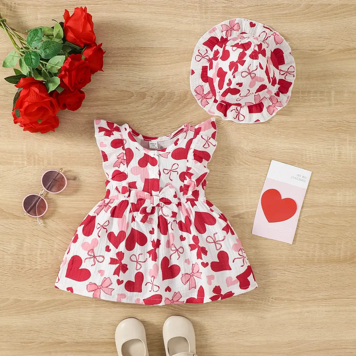 Two Piece Dress Set For Newborn Baby Girl With Love Print Sleeveless Dress And Hat Summer Fashion 0 To 9 Months