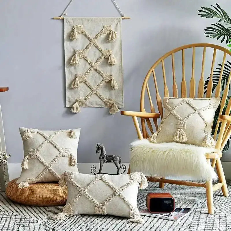 Boho linen cushion covers set of 4 (45x45cm/30x50cm) in beige with tassel lattice accents by Simples Market