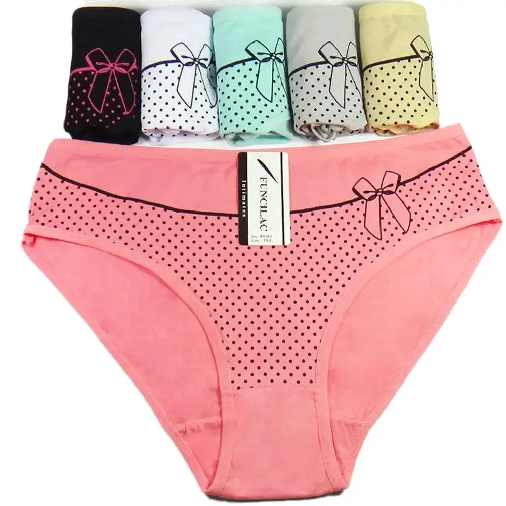 Women's cotton briefs 6-piece set in assorted colors; pink mid-rise panty with dotted mesh panel and bow