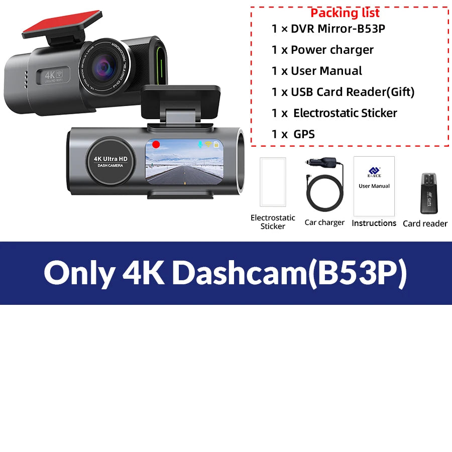 Simples Market 4K Dash Cam B53P with GPS, WIFI, night vision; front dash cam with optional rear lens, black